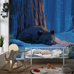Peaceful bear in snow mural wallpaper transforming kids room into magical winter sanctuary