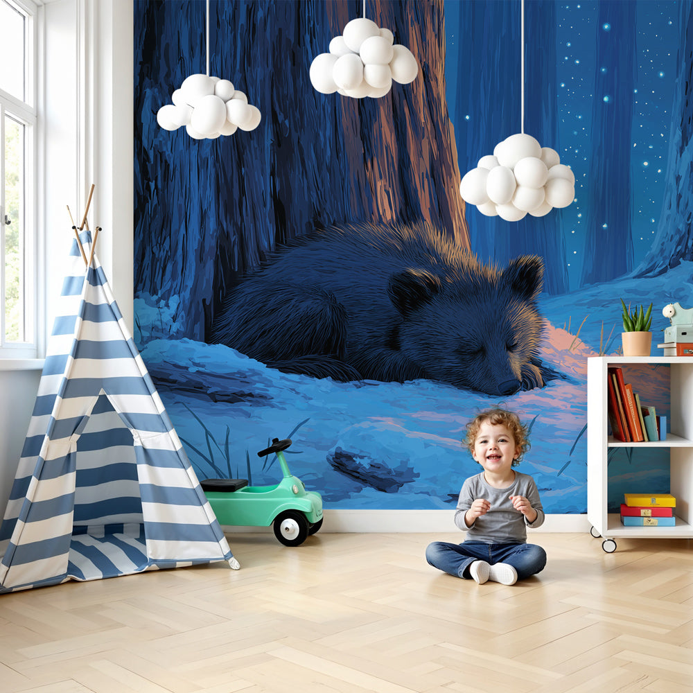 Bear winter mural wallpaper in peaceful nursery setting with natural wood furniture by Kids-Mundo