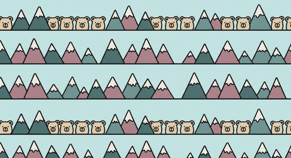 Kids-Mundo mountain wall mural artwork showing rows of snowy peaks and bear faces on a pale blue background.