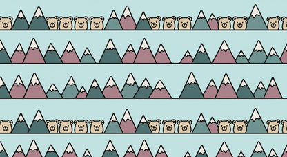 Kids-Mundo mountain wall mural artwork showing rows of snowy peaks and bear faces on a pale blue background.