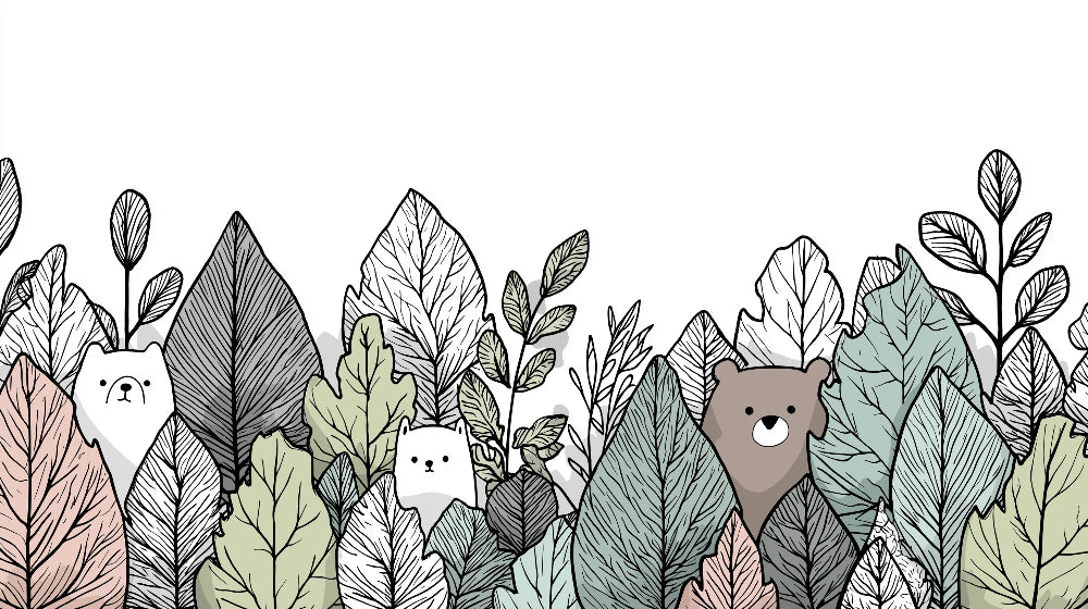 Detailed bears and botanical foliage mural wallpaper design pattern by Kids-Mundo