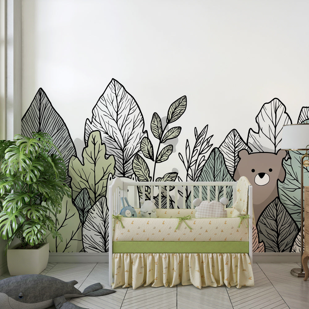 Playful bears and foliage mural wallpaper decorating modern children's bedroom interior