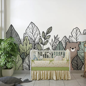 Playful bears and foliage mural wallpaper decorating modern children's bedroom interior