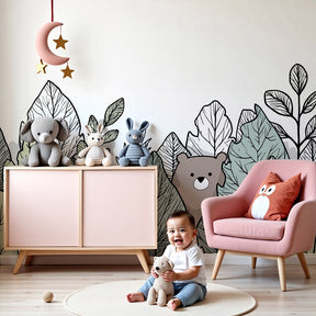 Bears mural wallpaper creating magical woodland nursery with soft botanical colors by Kids-Mundo