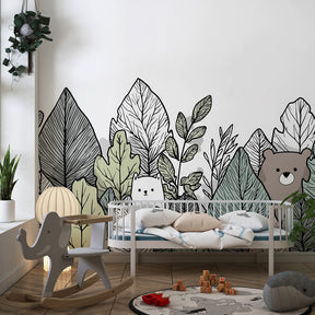 Colorful bears wallpaper with green pink foliage transforming toddler room into woodland retreat