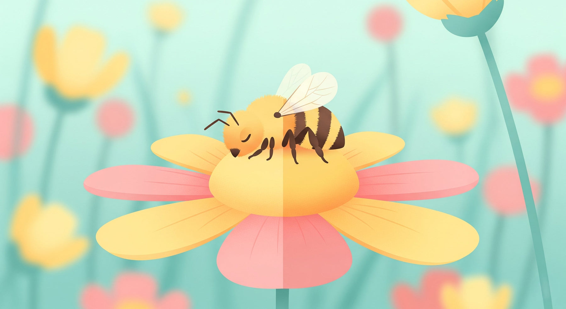 Detailed bee flower mural wallpaper design pattern showing garden blooms by Kids-Mundo