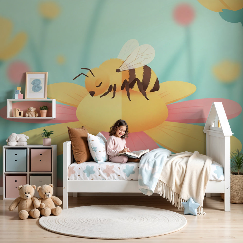 Bee flower mural wallpaper creating magical garden nursery decor by Kids-Mundo