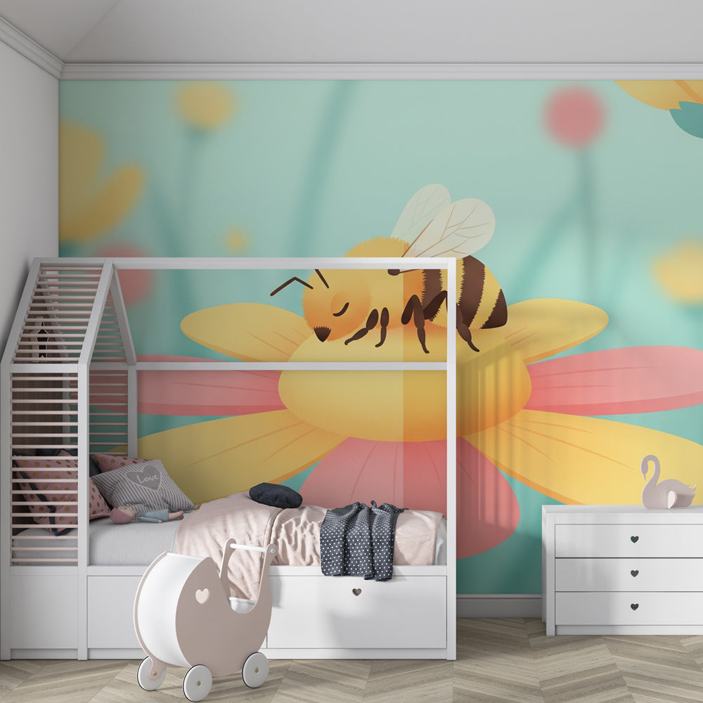 Garden themed bee mural wallpaper adding natural charm to kids playroom by Kids-Mundo