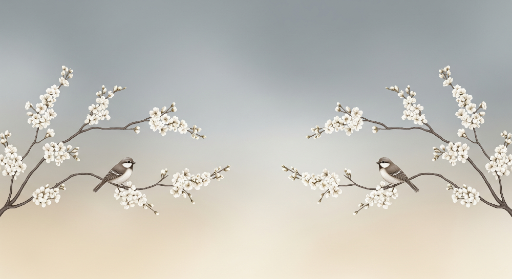 Kids-Mundo flat artwork of mirrored beige blossom branches with two perched songbirds, full mural design.