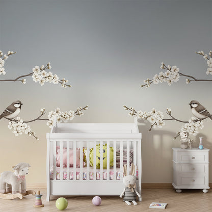 Kids-Mundo mirrored blossom branch mural brightening a bright, calm children's playroom wall.