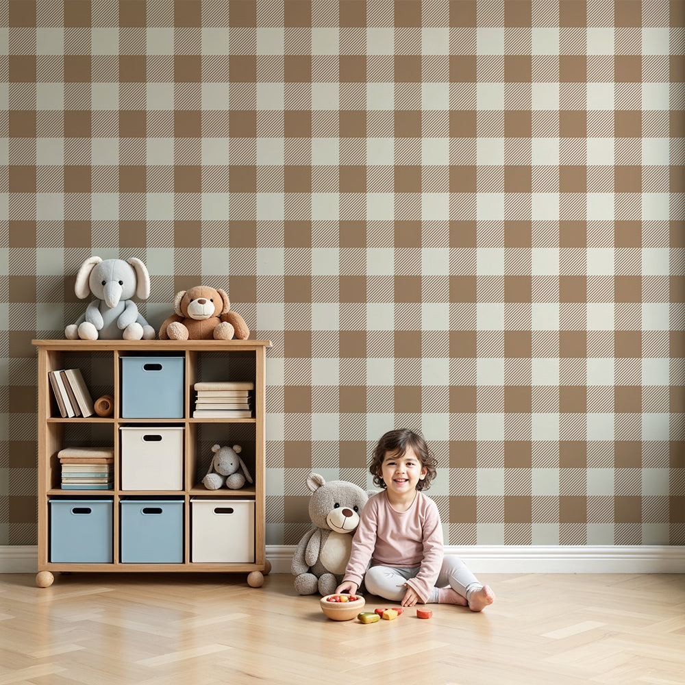 Kids-Mundo beige and cream gingham wall mural made to measure on a soft nursery feature wall