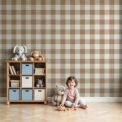 Kids-Mundo beige and cream gingham wall mural made to measure on a soft nursery feature wall