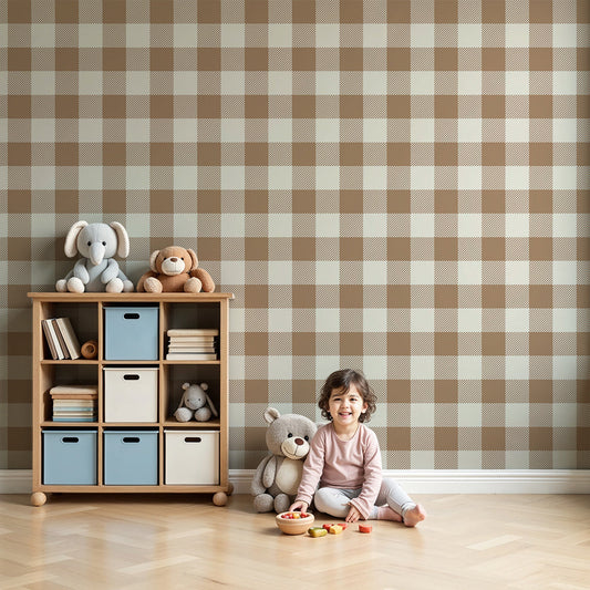 Kids-Mundo beige and cream gingham wall mural made to measure on a soft nursery feature wall