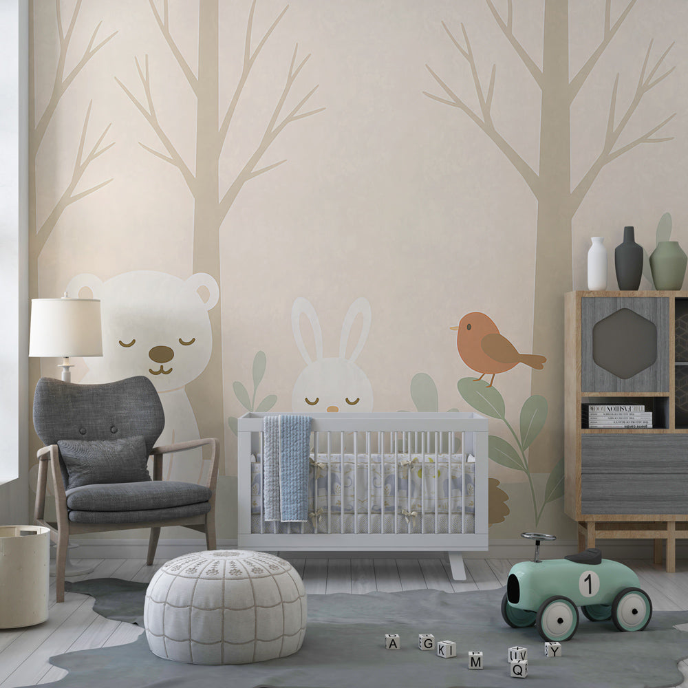 Beige forest animals mural wallpaper with polar bear and rabbit for toddler room by Kids-Mundo