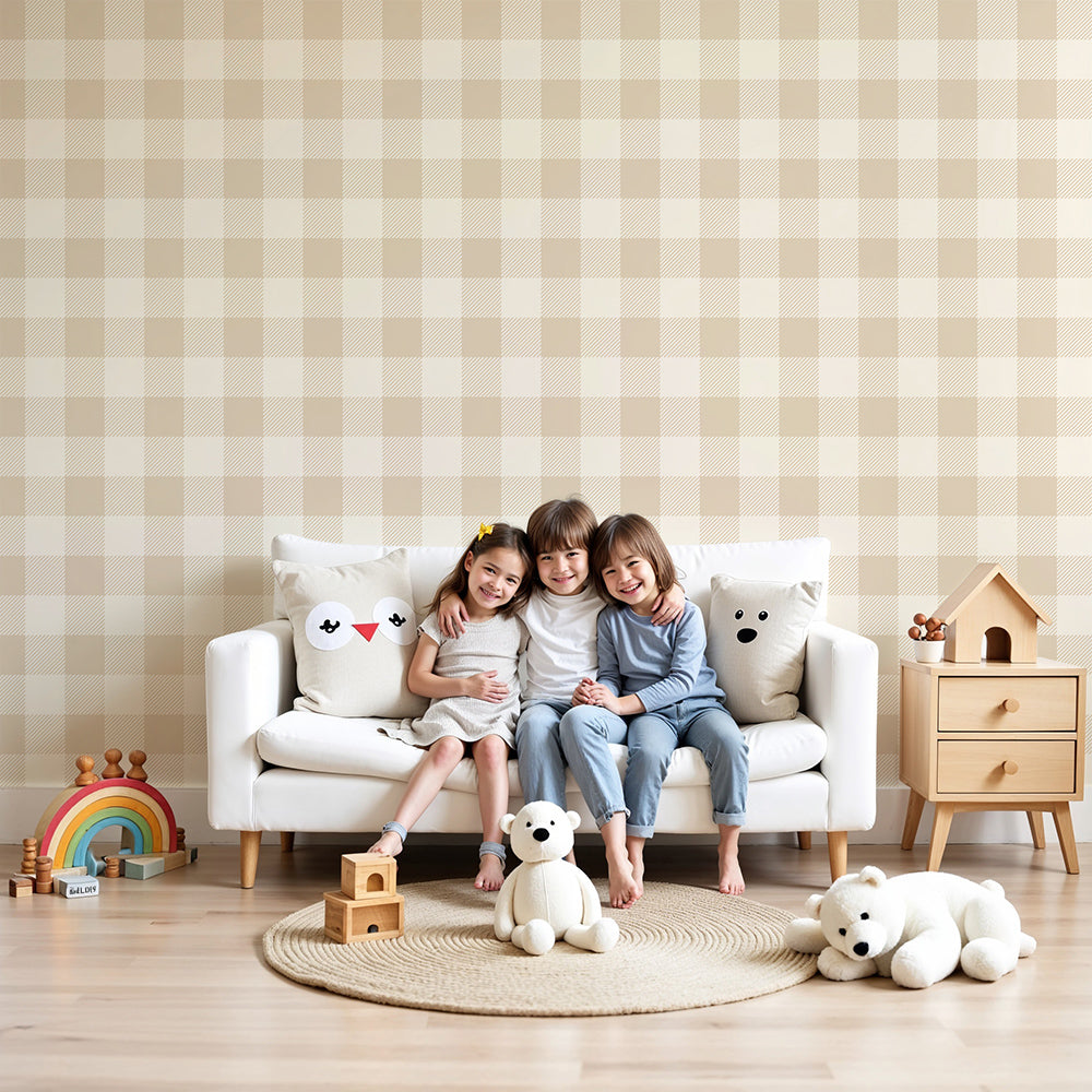 Kids-Mundo beige gingham check wall mural styled behind a cot in a calm, neutral nursery