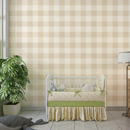 Kids-Mundo beige check wall mural softening a bright, neutral playroom wall