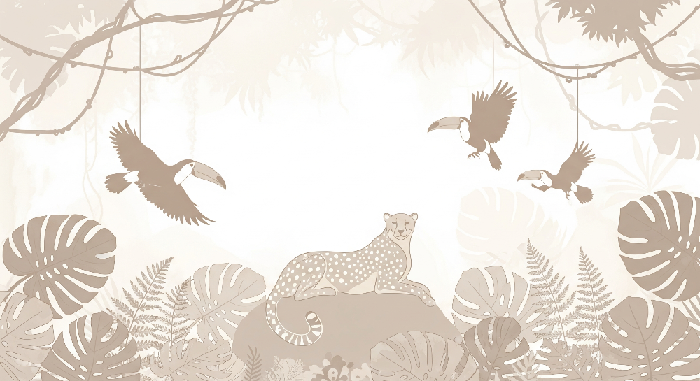 Flat artwork of the Kids-Mundo beige leopard and toucan wall mural in soft muted tones