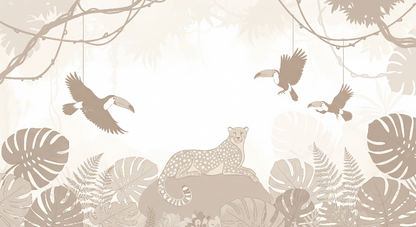 Flat artwork of the Kids-Mundo beige leopard and toucan wall mural in soft muted tones