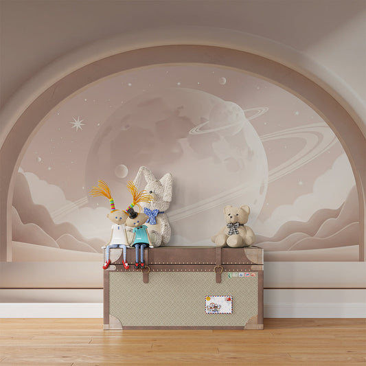 Kids-Mundo beige planet archway wall mural styled on a bright kids bedroom wall
