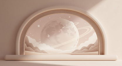 Kids-Mundo flat artwork of a carved stone arch framing a ringed planet and desert dunes