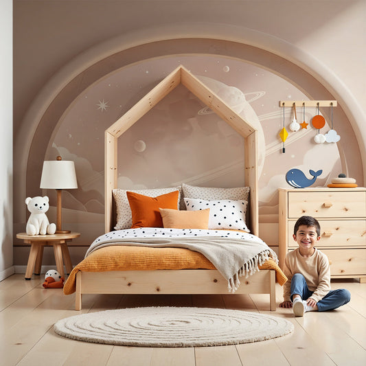 Kids-Mundo beige stone archway wall mural with ringed planet in a calm nursery bedroom