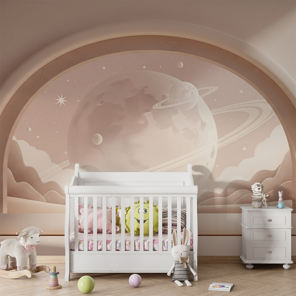 Kids-Mundo beige space archway wallpaper design shown in a cosy playroom setting