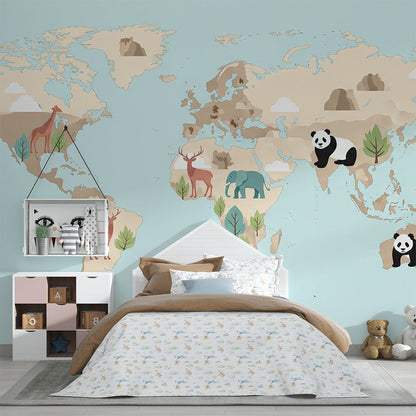Kids-Mundo beige world map wall mural covering a wall in a soft, neutral kids bedroom