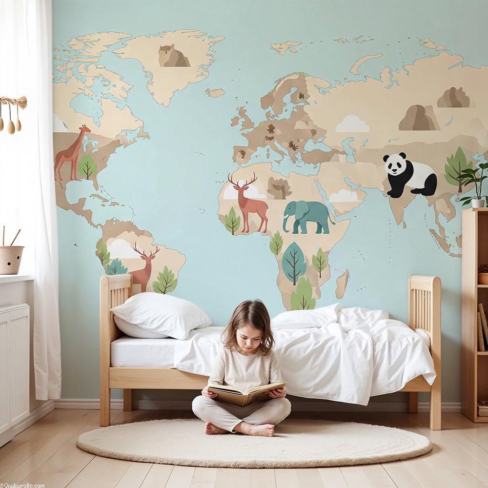 Kids-Mundo beige world map wall mural with giraffe and deer artwork behind a nursery cot