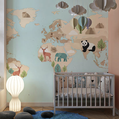 Kids-Mundo beige world map wall mural with elephant and panda motifs in a playroom