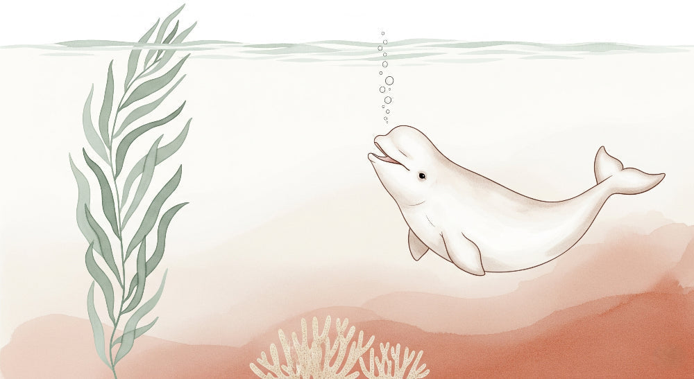 Detailed beluga whale underwater mural wallpaper design pattern with coral and sea plants by Kids-Mundo