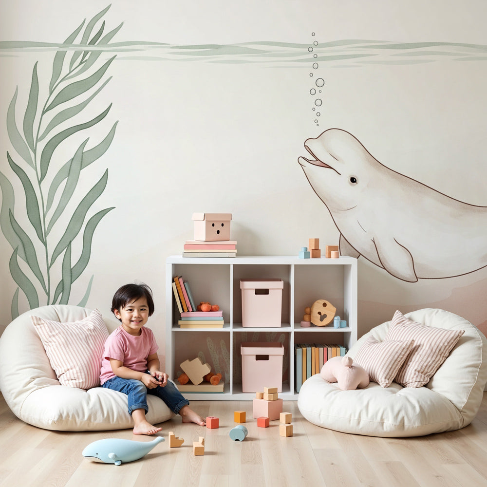 Beluga whale mural wallpaper creating peaceful underwater nursery decor with soft coral formations by Kids-Mundo