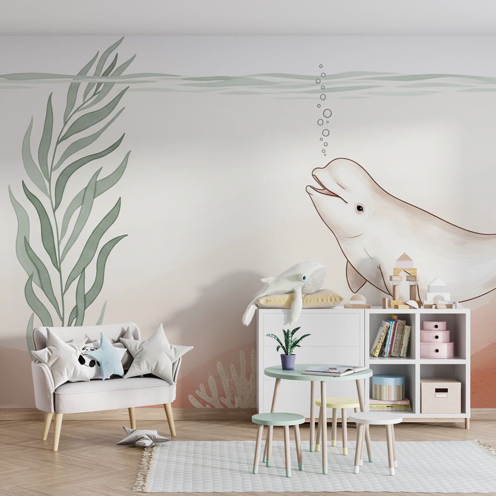 Ocean-themed beluga whale wallpaper transforming children's bedroom into serene underwater sanctuary