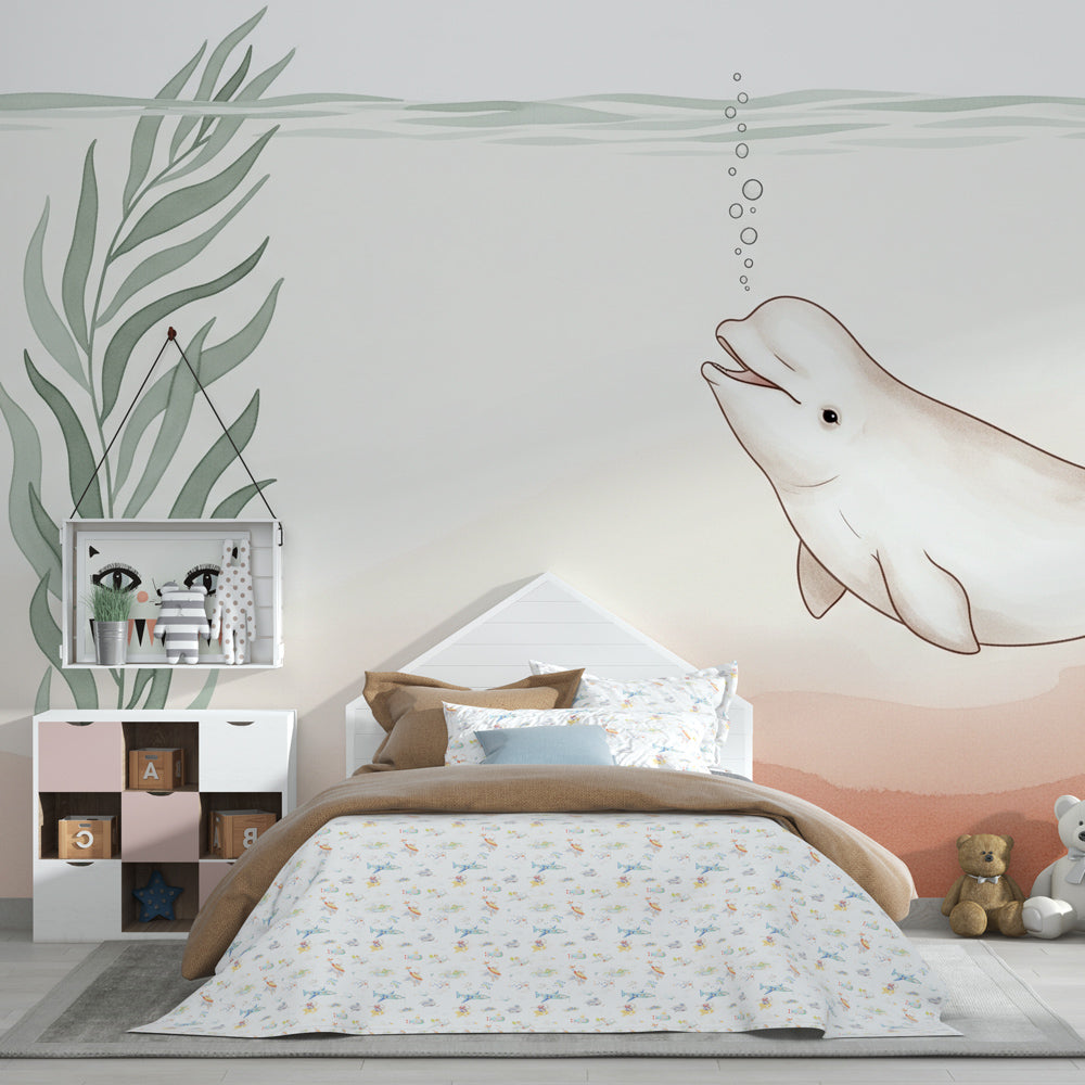 Gentle beluga whale mural wallpaper for toddler room with calming marine colors and natural decor