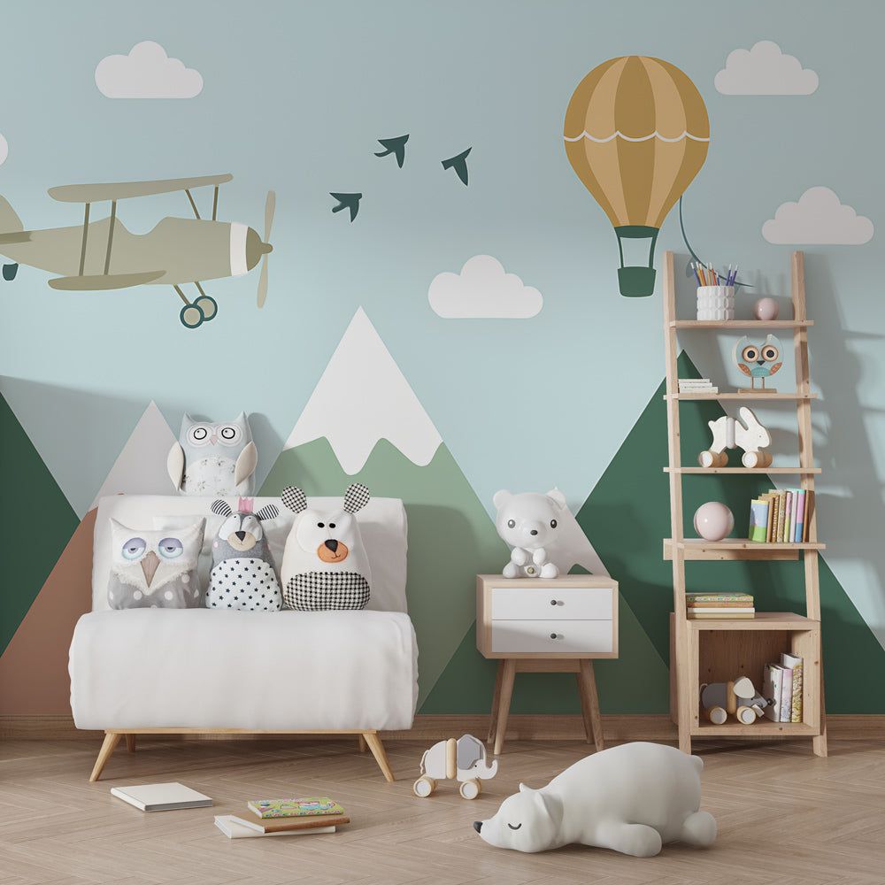 Kids-Mundo hot air balloon wall mural bringing sky-high adventure to a playroom wall.