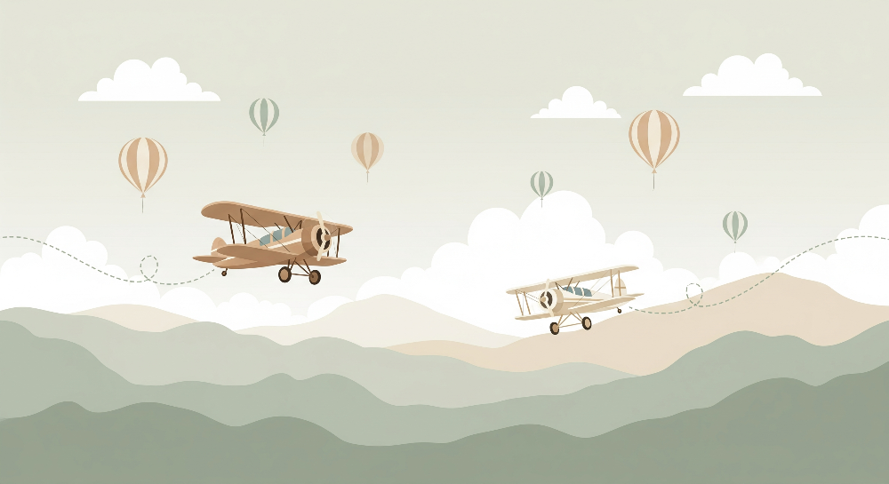 Biplane Flight Trails and Balloons Wall Mural