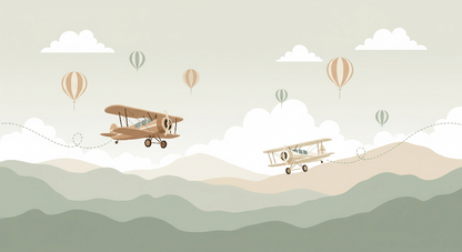 Flat artwork of the Kids-Mundo biplane flight trail and hot air balloon wall mural design