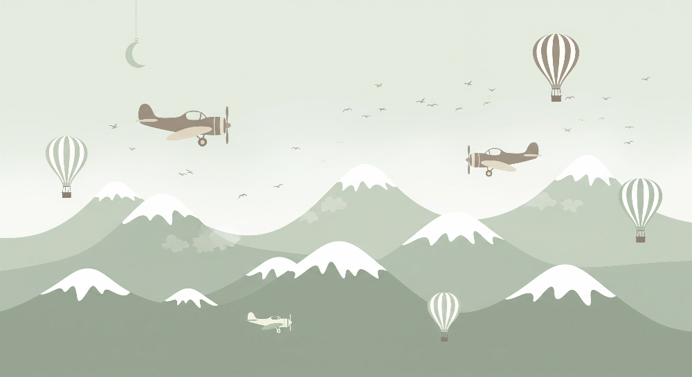 Flat artwork of the Kids-Mundo biplane and hot air balloon wall mural over snowy mountains