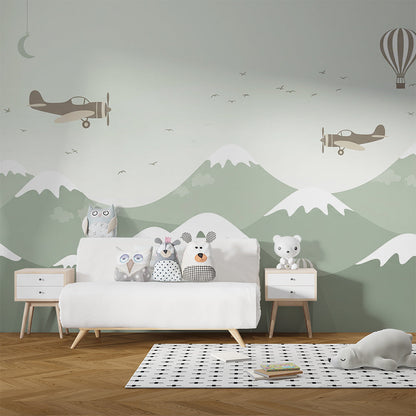 Kids-Mundo vintage biplane wall mural in a playroom with toys on the floor