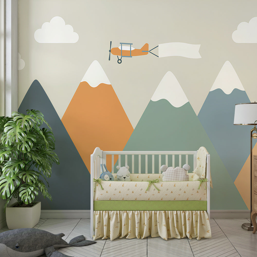 Kids-Mundo biplane and mountain wall mural brightening a playful children's playroom wall.