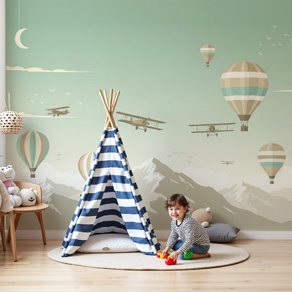 Kids-Mundo biplane squadron wall mural with hot air balloons in a soft nursery scene