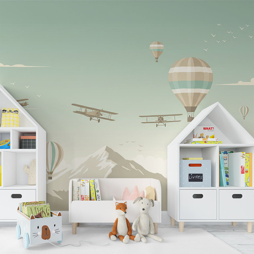 Kids-Mundo teal sky biplane wall mural brightening a playroom feature wall