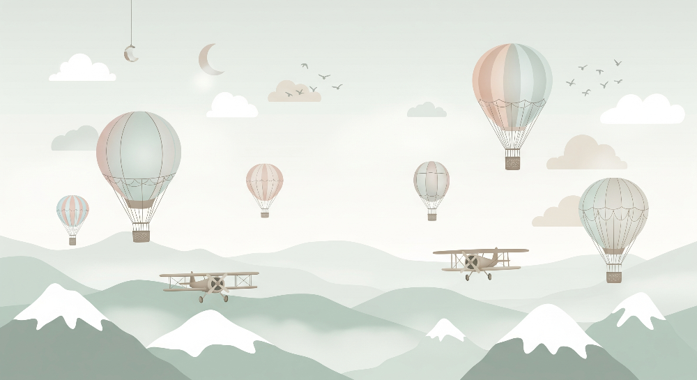 Hot Air Balloons and Biplanes Over Snowy Peaks Wall Mural