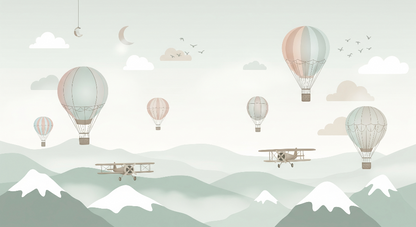 Kids-Mundo flat artwork of the hot air balloon and biplane wall mural over snowy mountains