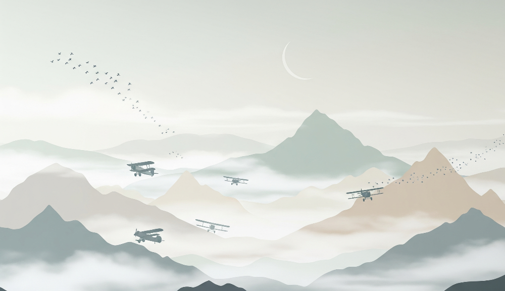 Kids-Mundo flat artwork of vintage biplanes and birds crossing misty mountains under a moon