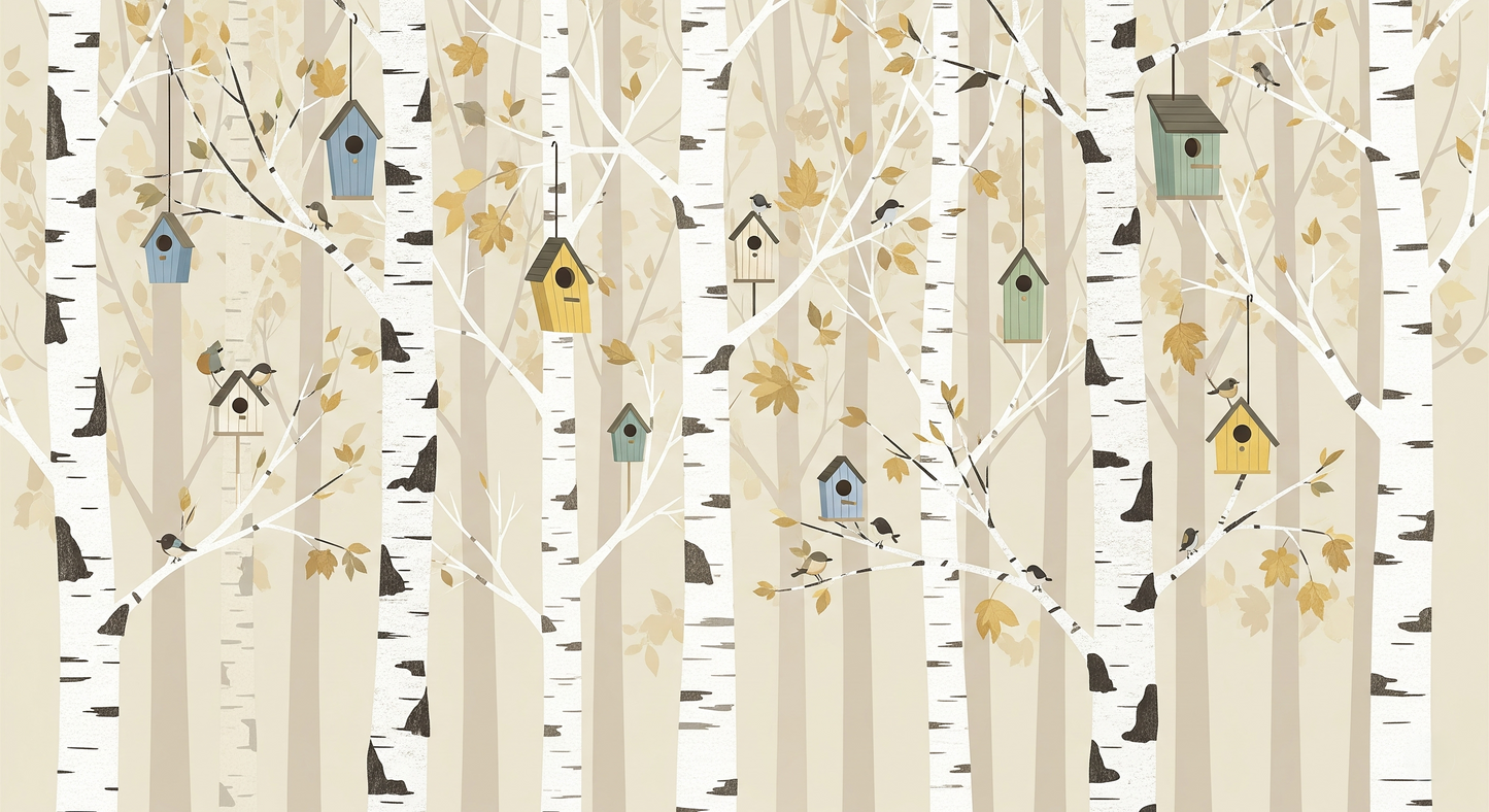 Flat artwork of the Kids-Mundo birch forest wall mural design with birdhouses and birds
