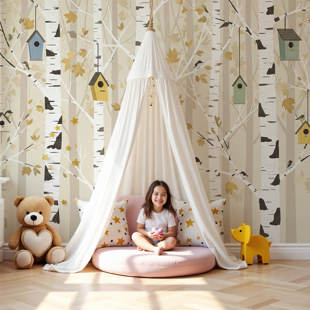 Birch forest birdhouse wall mural by Kids-Mundo styled in a warm, neutral nursery room