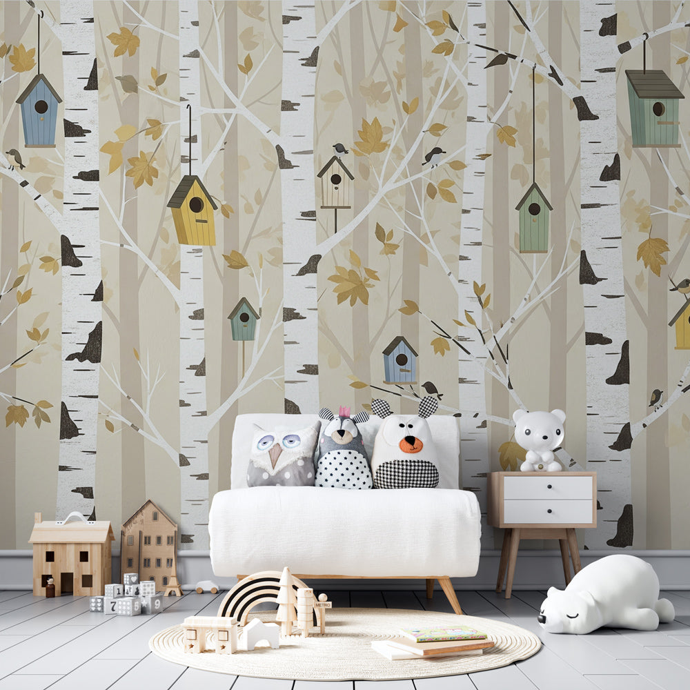 Birch birdhouse wall mural by Kids-Mundo adding woodland charm to a kids' playroom