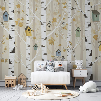 Birch birdhouse wall mural by Kids-Mundo adding woodland charm to a kids' playroom