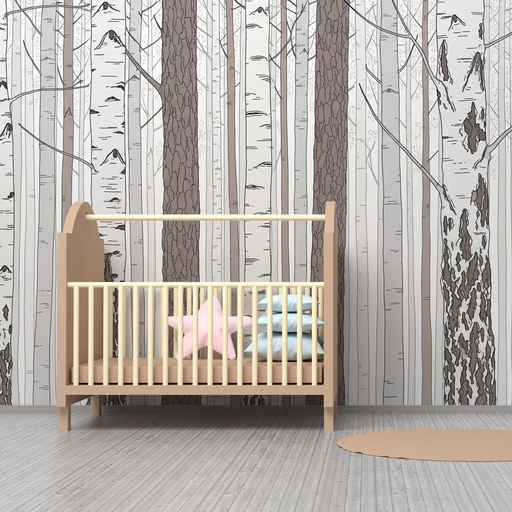 Serene birch tree wallpaper creating calming atmosphere in children's bedroom