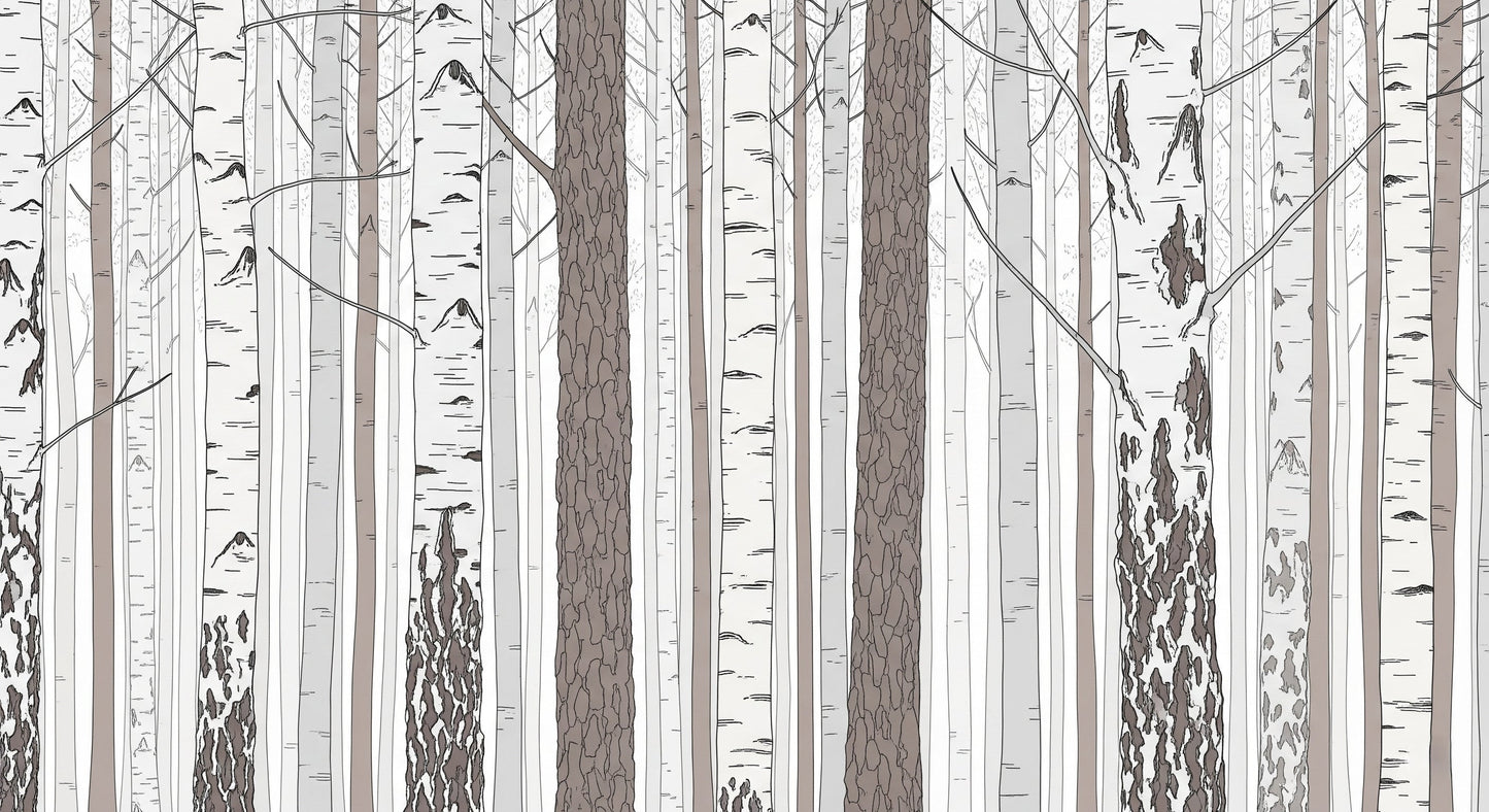 Detailed birch forest mural wallpaper design pattern showing tree trunks by Kids-Mundo